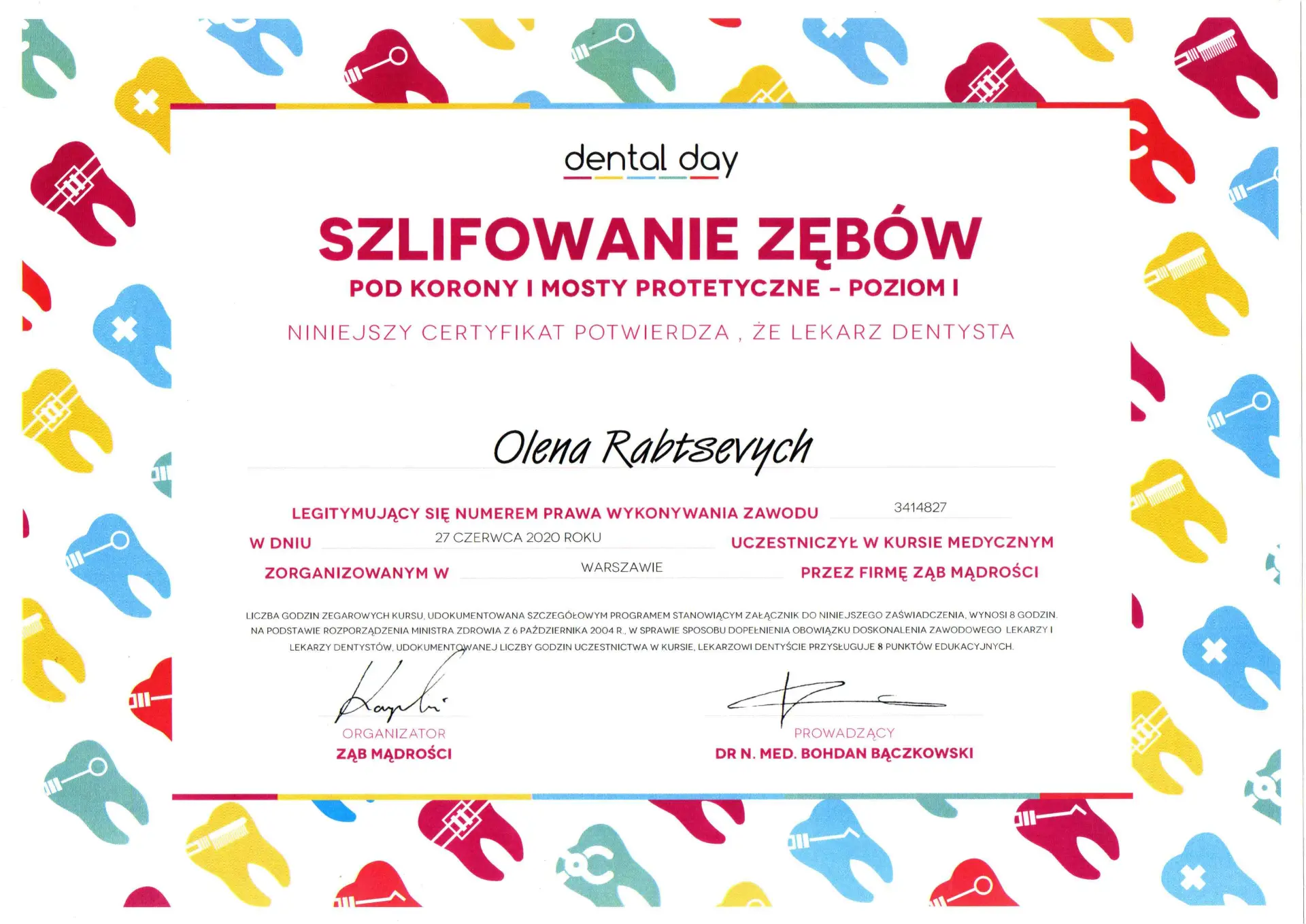 Certyfikat Dental Day — Szlifowanie zębów pod korony i mosty protetyczne