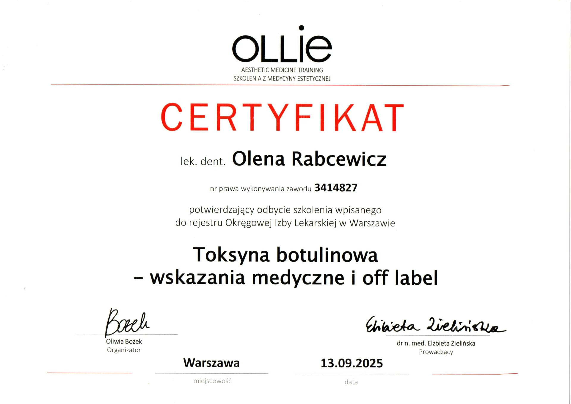 Certyfikat OLLIE — Toksyna botulinowa: wskazania medyczne i off label