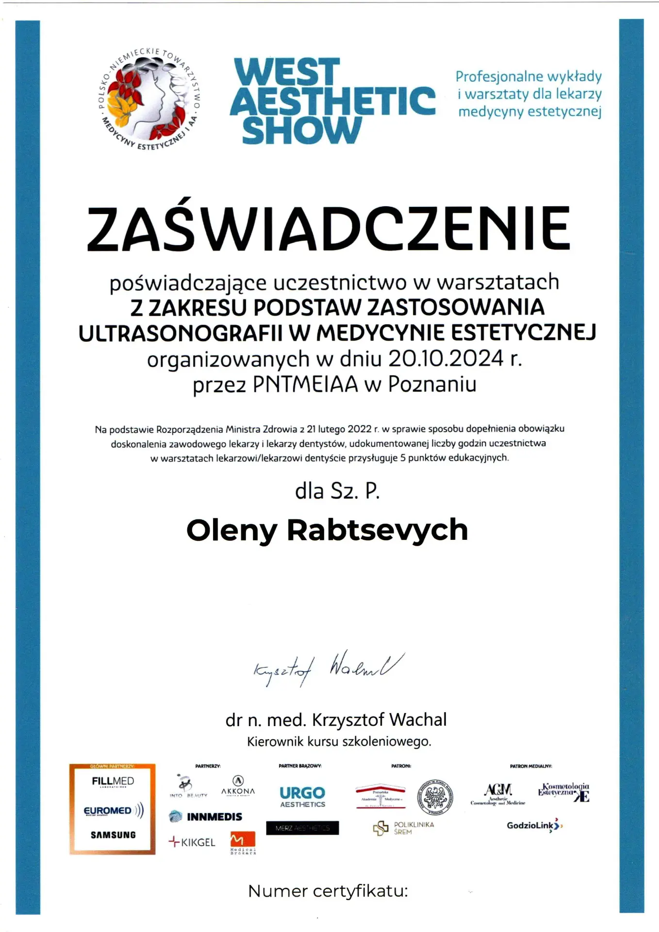 Zaświadczenie West Aesthetic Show — Podstawy zastosowania ultrasonografii w medycynie estetycznej