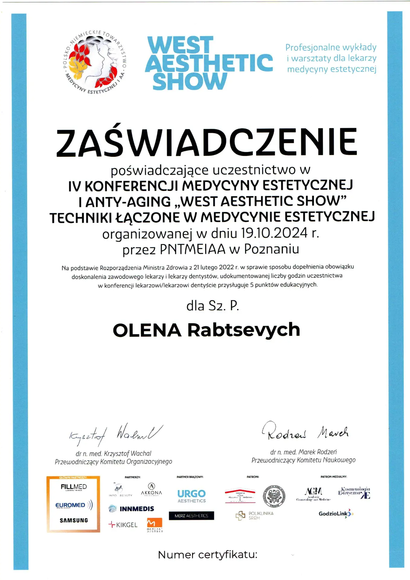 Zaświadczenie West Aesthetic Show — IV Konferencja Medycyny Estetycznej i Anti-Aging