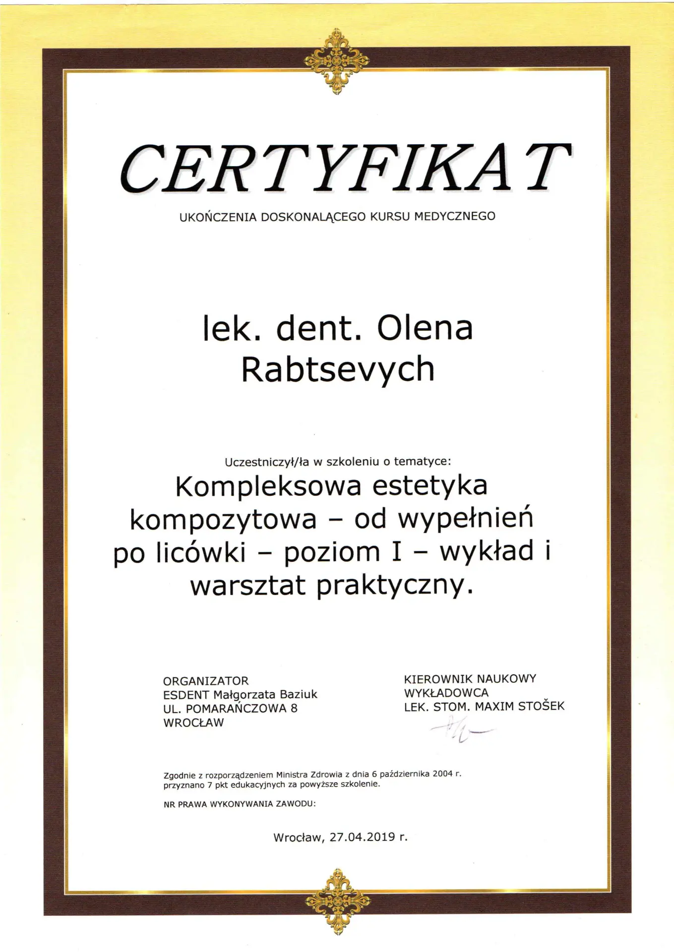 Certyfikat — Kompleksowa estetyka kompozytowa