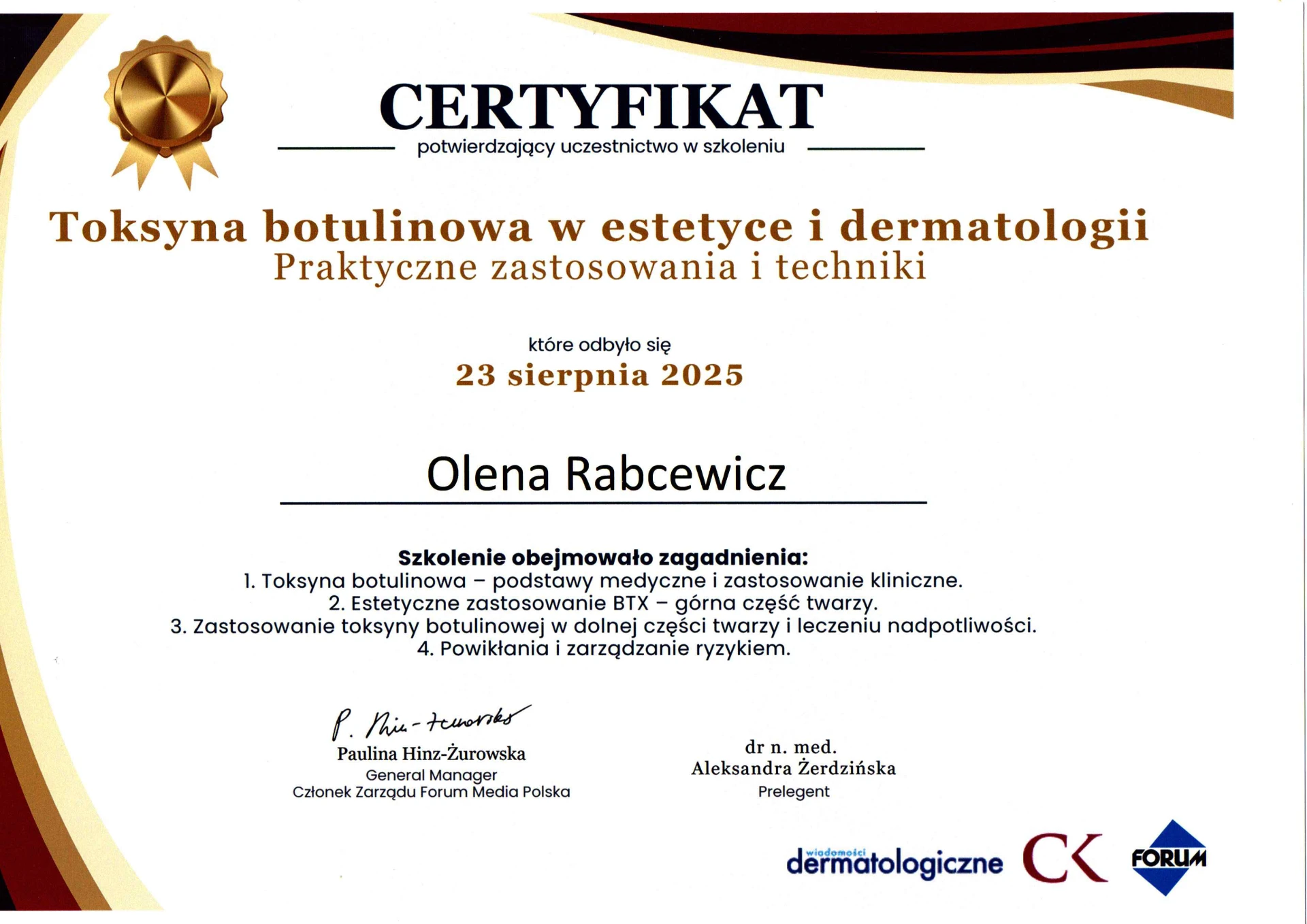 Certyfikat — Toksyna botulinowa w estetyce i dermatologii